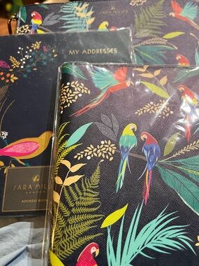 Sara Miller Tropical Parrot Address Book, Journal, Cosmetic Case - Navy Set of 3